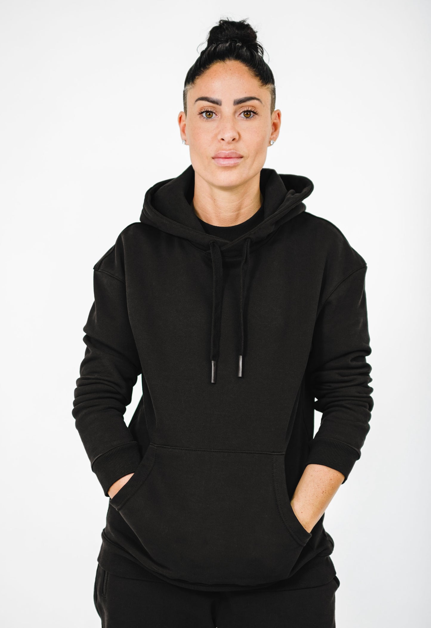 Black cotton drawstring hoodie Androgynous 