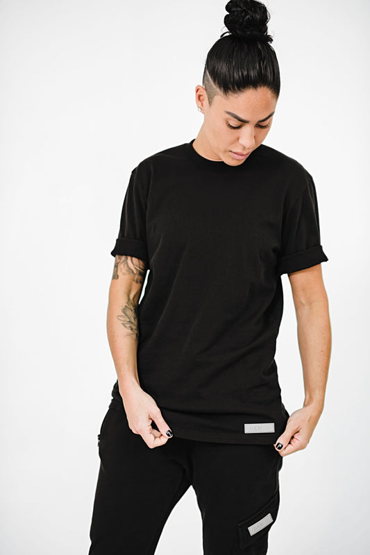 black cotton t shirt with patch detail